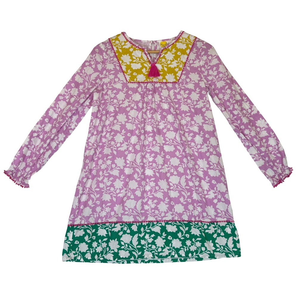 Mini Boden Pink/Green/White Floral Shift Dress‎ Tassel Pompom Trim Sz 11-12Y